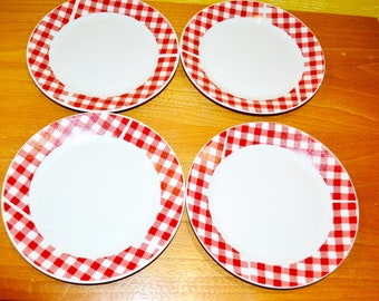 Vintage 4 Kuchenteller 70er Jahre Weiß/Rot kariert  Porzellan Geschirr Retro Mid Century  Shabby Chic Landhaustil  seventies dishes plates