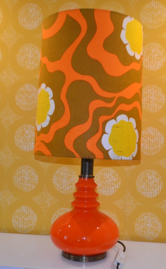 Vintage Tisch Lampe Orange mit bunten Textil Lampenschirm