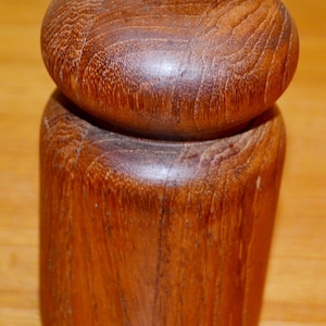 Może przedstawiać: Drewniany zestaw solniczki i pieprzniczki z okrągłym, gładkim wierzchołkiem i cylindryczną podstawą. Drewno ma bogaty brązowy kolor z naturalnym usłojeniem.