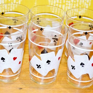 Set di 6 bicchieri da succo vintage, carte da gioco poker/skat, design retrò anni '70, stile vintage di metà secolo, in vetro, stile country, shabby chic