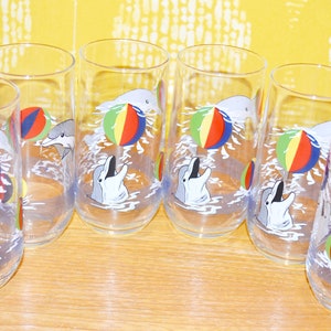 Vintage 6 juice glasses set glass glasses 70s dolphin flipper dolphin retro design mid century rainbow colorful country style shabby chic