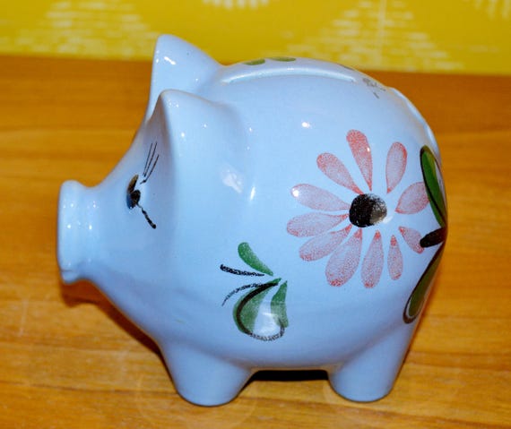 Vintage Spardose /Sparschwein Hellblau /Bunt Porzellan Deko 70er Jahre Mid Century Retro Landhausstil