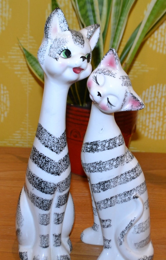Vintage Ceramic Cat Figures Couple White / Grey West Germany