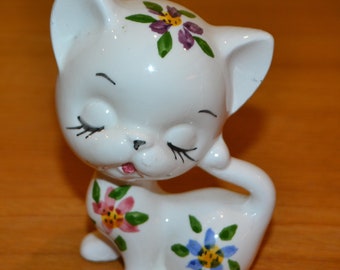 Vintage Cats Ceramic Figure Blanc / Coloré 70s Rétro Mid Century Cats Shabby Chic Country Style