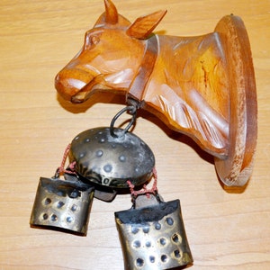 Vintage wall bell made of wood/metal cow figure folk art retro design 60s bookends shabby chic country style