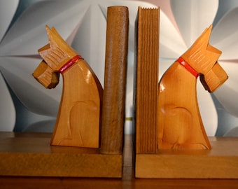 Vintage Holz Buchstützen  60er Jahre Hunde    Bookends  Retro Mid Century