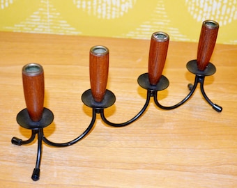 Vintage Teak Wood/Metal Candlestick, Black/Brown, 1960s Retro Mid Century Country Style, Shabby Chic, Danish Design