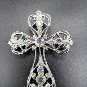 SIlver-tone Filigree and Rhinestone Cross Brooch