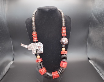 Vintage Asymmetrical Wood Disc & Abalone Shell Elephant Statement Necklace