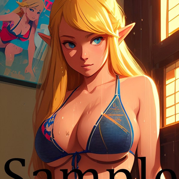 Summer Zelda Fanart digital art. Instant Download, Print, Video Game Art, Sexy bikini, female elf