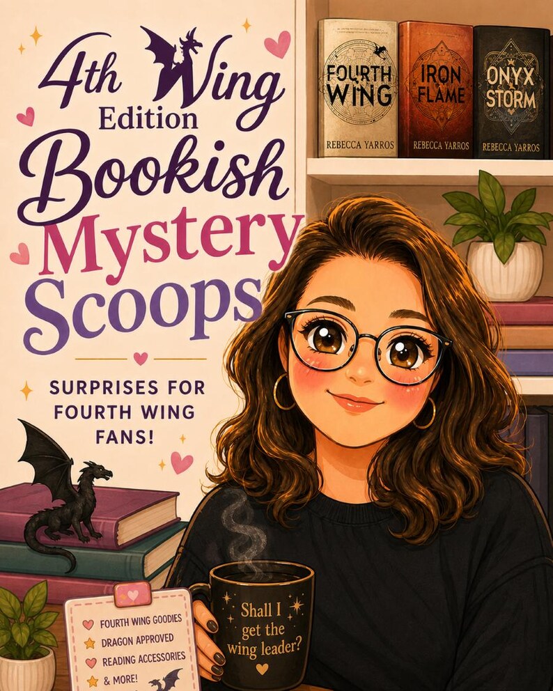 May include: Illustration of a woman with glasses holding a mug that says "Shall I get the wing leader?" with the text "4th Wing Bookish Mystery Scoops" and book titles "Fourth Wing", "Iron Flame", and "Onyx Storm".