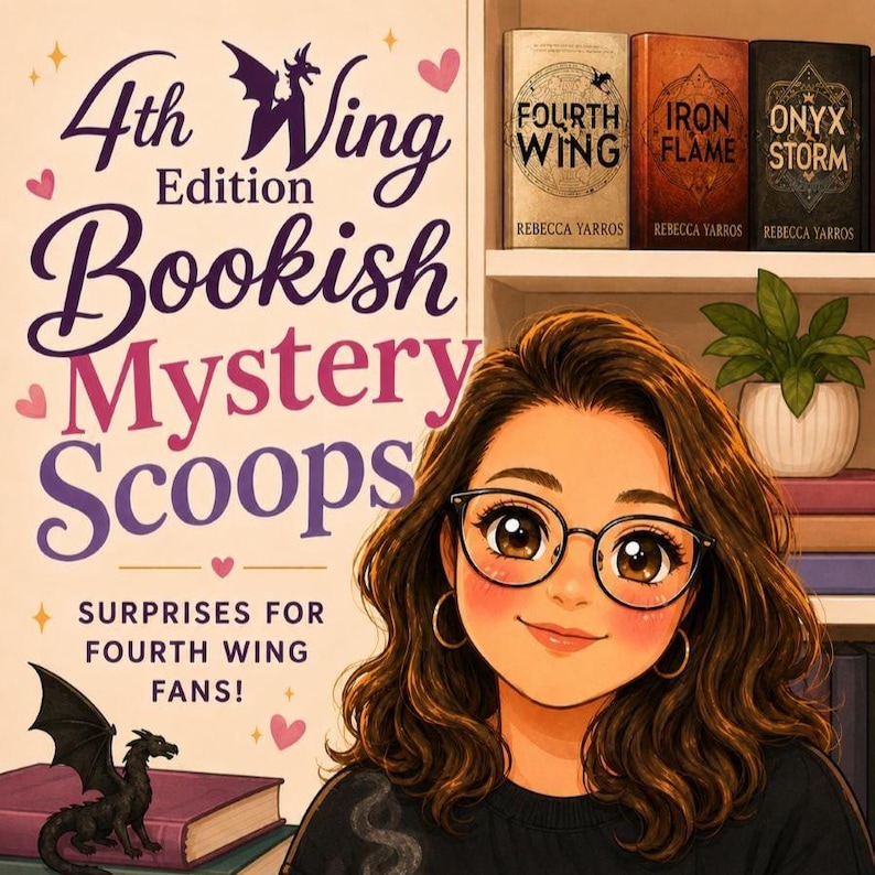May include: Illustration of a woman with glasses and curly brown hair, promoting "4th Wing Edition Bookish Mystery Scoops." The image includes book titles "Fourth Wing," "Iron Flame," and "Onyx Storm" by Rebecca Yarros, and a small dragon figurine.