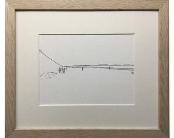 Walking on Whiterocks Beach, a print from a black and white line drawing, semi abstract landscape