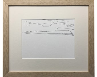 Playa Whiterocks, una impresión de un dibujo lineal original en blanco y negro, estudio para pintura, paisaje minimalista, minimalista y semiabstracto.