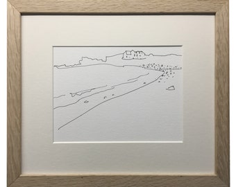 Runkerry Beach, un estampado de Original Black and White Line Drawing, estudio para pintura, mínimo, espalda pared, paisaje semi-abstracto
