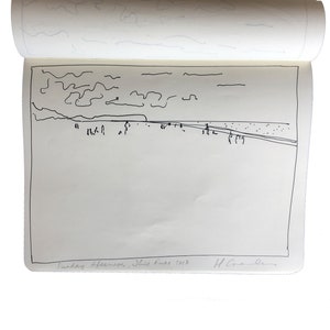 May include: A black and white line drawing of a landscape with a horizon line, a few trees, and a cloudy sky. The drawing is signed "H. Cole" and dated "Sunday Afternoon, Blue Rocks 1918".