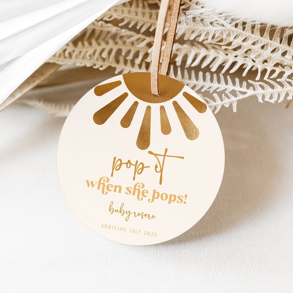 Editable Champagne Baby Shower Favor Tags Template | Sunshine Baby Shower Wine Bottle  | Sun Pop it When She Pops | Here Comes the Son SOL