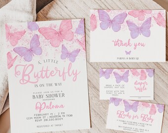 Butterfly Baby Shower Invitation, Girl Baby Shower, Baby Shower Invite Set, Pink and Purple Butterflies Download Editable Template FLUTTER