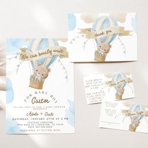 Uitnodiging babyshower jongen, we kunnen wachten, berendouche, heteluchtballon, blauwe beer, digitale uitnodiging, bewerkbare sjabloon, CARLO