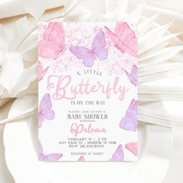 Editable Butterfly Baby Shower Invite | A Little Butterfly is on the Way Invitation | Printable Instant Download Template | FLUTTER