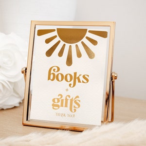 Sunshine baby shower boeken en geschenken teken 8 x 10 | Cadeautafelbord | Hier komt de zon | Hier komt de zoon | Boho bewerkbare sjabloon SOL