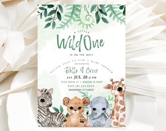 May include: A green and white baby shower invitation with the text "A Little Wild One is on the way!" and a jungle animal theme. The invitation features a zebra, lion, elephant, and giraffe.