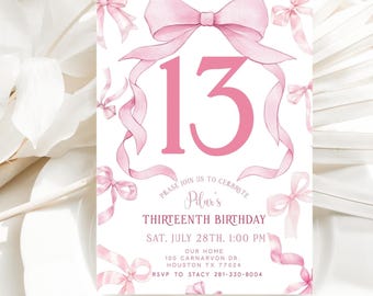 Pink Birthday Invite Bow, 13th Bday Invitation, Pink Ribbon Invite, Pink Coquette Bow Invites, Editable Template, Download, Text, Print