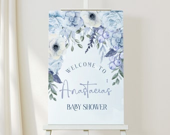 Baby in Bloom Baby Blue Welcome Sign, Baby Shower, Welcome Poster, Wildflowers, Baby Boy, Summer Florals, Editable Template Print SELENE