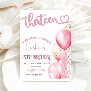Invito per festa di compleanno 13°, invito per compleanno adolescente, invito modificabile per compleanno ragazze, invito palloncini rosa, download digitale, Evite