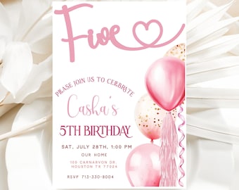 Girl's 5th Birthday Invite, Editable Template, Pink Balloons, Turning Five, Pink 5th Birthday Party, Digital Download, Printable, Evite