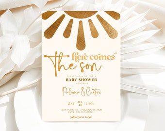 Editable Here Comes the Son Baby Shower Invitation | Here Comes the Son Invitation | Boho Retro Printable Instant Download Template | SOL