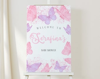 Editable Butterfly Baby Shower Welcome Sign 24x36 | A Little Butterfly is on the Way  | Pink Printable Instant Download Template | FLUTTER