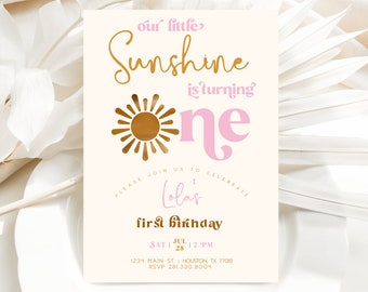 Editable Sun Birthday Invite, Girls 1st Birthday Party Invitation, Our Little Sunshine, Another Trip Around the Sun, Printable, Digital SOL