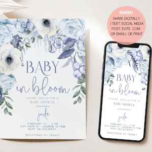 Baby in Bloom Boy, Boy Baby Shower Invitation, Dusty Blue Baby Shower, Floral Baby Shower, Editable Template, Blue Baby in Bloom, SELENE