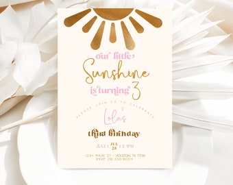 Editable Little Sunshine Birthday Invitation, Our Little Sunshine, Printable, Pink Sunshine Invite, Sun Evite, Digital Download, SOL