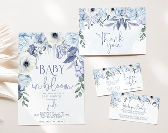 Blue Baby in Bloom Baby Shower Invite Bundle, Editable Wildflower Baby Shower Evite, Spring Summer Floral, Baby Boy, Edit Print Text SELENE