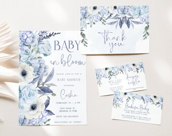 Baby in Bloom Boy, Boy Baby Shower Invitation, Dusty Blue Baby Shower, Floral Baby Shower, Editable Template, Blue Baby in Bloom, SELENE