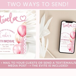 Double Digits Invite, 12th Birthday Invite, Editable Girls Birthday Invite, Pink Balloons Invitation, Digital Download, Evite Included