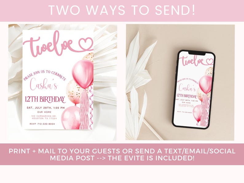 Double Digits Invite, 12th Birthday Invite, Editable Girls Birthday Invite, Pink Balloons Invitation, Digital Download, Evite Included