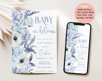 Invitación "Bebé en Flor", Invitación para Baby Shower, Baby Shower de Flores Silvestres, Baby Shower de Niño, Invitación Floral Azul, Plantilla Editable - Descarga SELENE