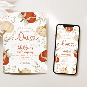 Fall-themed 1st birthday pumpkin digital invite with watercolor pumpkins, bows, and florals in blush, ivory, and burnt orange, displayed on a printed card and matching iPhone mockup.
