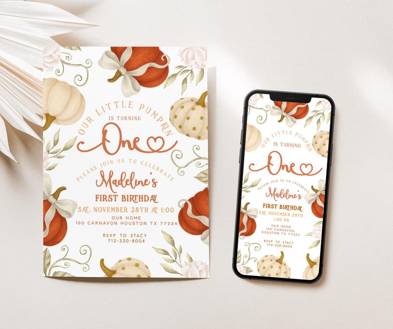 Fall-themed 1st birthday pumpkin digital invite with watercolor pumpkins, bows, and florals in blush, ivory, and burnt orange, displayed on a printed card and matching iPhone mockup.