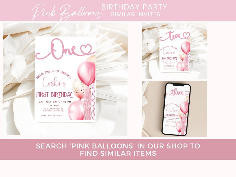 15th Birthday Invite, Teenager Birthday Party Invite, Editable Girls Birthday Invite, Pink Balloons Invitation, Digital Download Evite Bonus