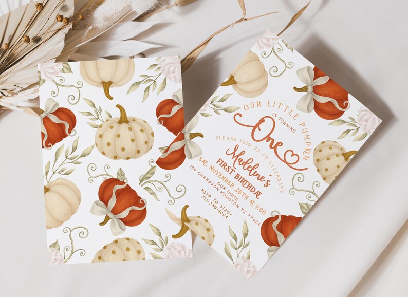 Fall-themed 1st birthday pumpkin digital invite with watercolor pumpkins, bows, and florals in blush, ivory, and burnt orange, displayed on a printed card and matching iPhone mockup.