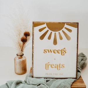 Sunshine Baby Shower Sweets and Treats Sign | Dessert Table | Candy Buffet | Here Comes the Sun | Here Comes the Son | Editable Template | Sunshine Baby Shower Ideas | Another Trip Around the Sun | Boho Baby Shower | Gold Mustard Yellow Terracotta