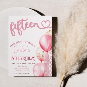 15th Birthday Invite, Teenager Birthday Party Invite, Editable Girls Birthday Invite, Pink Balloons Invitation, Digital Download Evite Bonus