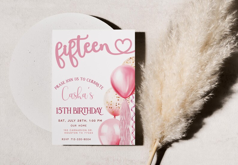 15th Birthday Invite, Teenager Birthday Party Invite, Editable Girls Birthday Invite, Pink Balloons Invitation, Digital Download Evite Bonus