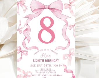 Pink Bow Birthday Invite, Girls 8th Birthday Invite, Pink Ribbon Invite, Pink Coquette Bow Invites, Editable Template, Text or Print