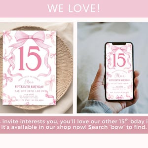 Puede incluir: Una invitaci&oacute;n digital rosa y blanca con un lazo de acuarela y el n&uacute;mero 15 para una fiesta de cumplea&ntilde;os n&uacute;mero 15. El texto dice "Por favor, &uacute;nase a nosotros para celebrar el decimoquinto cumplea&ntilde;os de Plas S&aacute;bado 28 de julio, 1:00 PM Nuestra casa Houston, TX 77055 RSVP a Stacy 832-550-8004"