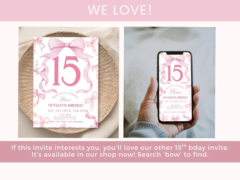 Puede incluir: Una invitaci&oacute;n digital rosa y blanca con un lazo de acuarela y el n&uacute;mero 15 para una fiesta de cumplea&ntilde;os n&uacute;mero 15. El texto dice "Por favor, &uacute;nase a nosotros para celebrar el decimoquinto cumplea&ntilde;os de Plas S&aacute;bado 28 de julio, 1:00 PM Nuestra casa Houston, TX 77055 RSVP a Stacy 832-550-8004"
